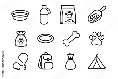 Outdoor Dog Essentials. Outline icon set of feeding dogs outdoors: travel bowl, water bottle, kibble pack,