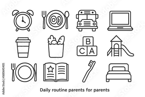 Daily Parent Routine Icons. Outline icon set of daily routine for parents: alarm clock, breakfast plate,