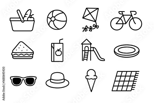 Weekend Family Activities Icons. Outline icon set of weekend family activities: picnic basket, ball, kite,