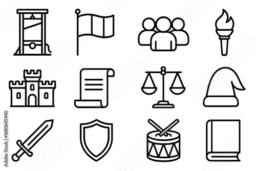 French Revolution Icons. Outline icon set of the French Revolution: guillotine, flag, crowd, torch, castle,