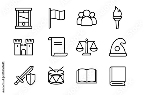 French Revolution Icons. Outline icon set of the French Revolution: guillotine, flag, crowd, torch, castle,