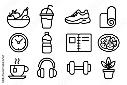 Healthy Habits Icons. Outline icon set of healthy habits for working parents: fruit bowl, smoothie cup,