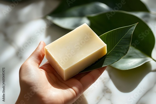 Wallpaper Mural gentle hand presenting eco soap bar with green leaf beside, spa-style composition 
 Torontodigital.ca