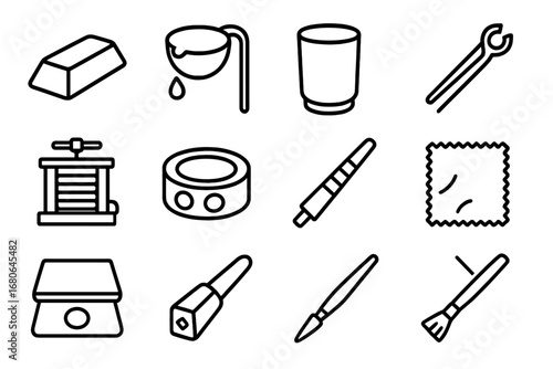 Silver Crafting Icons. Outline icon set of ethical silver crafting: silver ingot, melting pot, crucible, tongs
