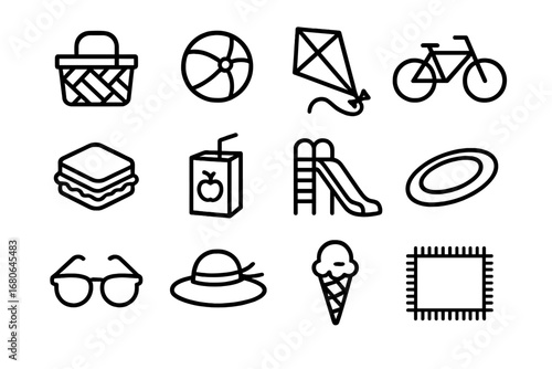 Weekend Family Activities Icons. Outline icon set of weekend family activities: picnic basket, ball, kite,