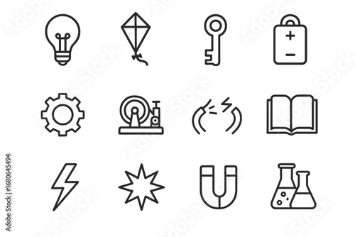 Electricity Discovery Icons. Outline icon set of the discovery of electricity: light bulb, kite, key, battery,