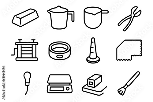 Silver Crafting Icons. Outline icon set of ethical silver crafting: silver ingot, melting pot, crucible, tongs