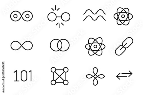 Quantum Icon Set. Outline icon set of quantum entanglement: two linked particles, photon pair, wave lines,