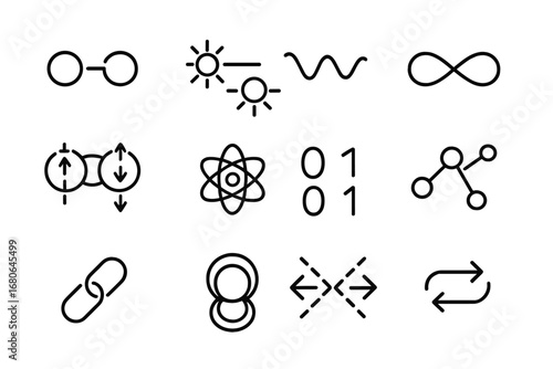 Quantum Icon Set. Outline icon set of quantum entanglement: two linked particles, photon pair, wave lines,