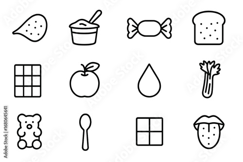 Food Texture Icons Grid. Outline icon set of food texture perception: crunchy chip, creamy yogurt, chewy candy
