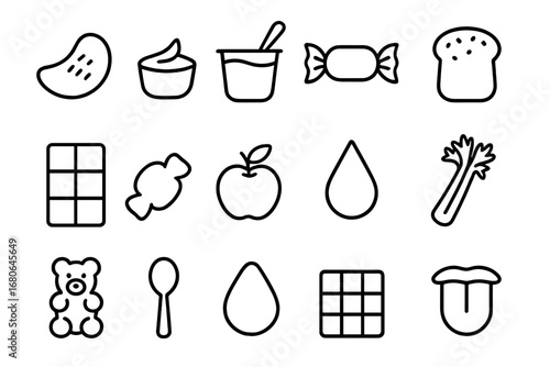 Food Texture Icons Grid. Outline icon set of food texture perception: crunchy chip, creamy yogurt, chewy candy