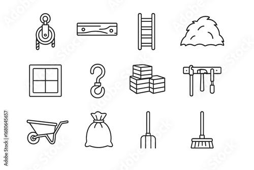 Barn Loft Icons. Outline icon set of barn loft details: rope pulley, wooden beam, ladder, hay pile, small