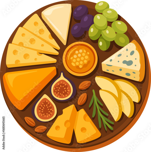 Flat vector illustration of a cheese platter with different types of cheese, figs, grapes, apples, almonds, honey, and herbs. Perfect for food, gourmet, and restaurant design.