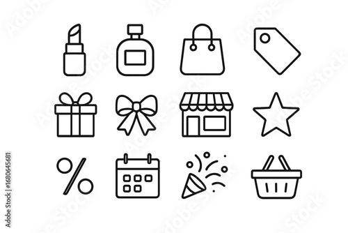 Beauty Sale Icon Set. Outline icon set of beauty sale flyer: lipstick, perfume bottle, shopping bag, price tag