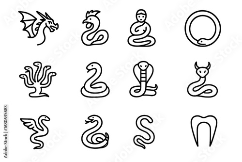 Legendary Serpents Icons. Outline icon set of legendary serpents: dragon, basilisk, naga, ouroboros, hydra,