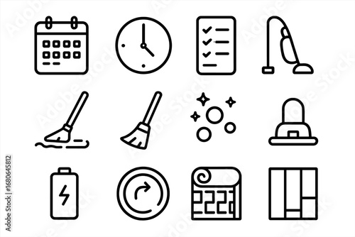 Home Cleaning Icons. Outline icon set of home cleaning schedule planner: calendar, clock, checklist, vacuum