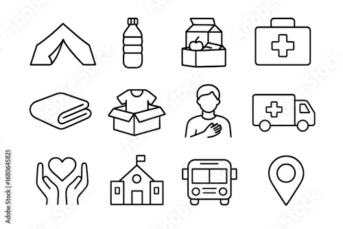 Refugee Support Icon Set. Outline icon set of refugee support services: shelter tent, water bottle, food