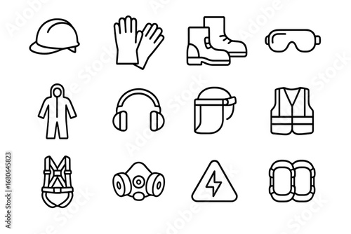 Electrical Safety Icons. Outline icon set of electrical PPE: helmet, insulated gloves, safety boots, safety
