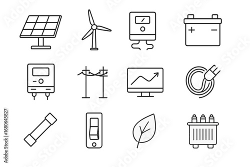 Renewable Energy Icons. Outline icon set of renewable electrical systems: solar panel, wind turbine, inverter,
