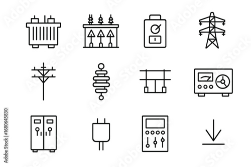 Power Distribution Icons. Outline icon set of power distribution systems: transformer, substation, circuit