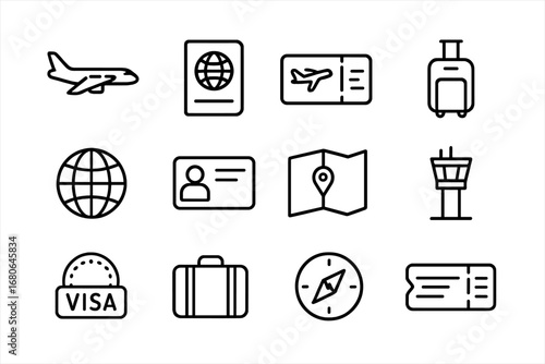 Air Travel Icons. Outline icon set of migration by air: airplane, passport, boarding pass, luggage, globe, ID