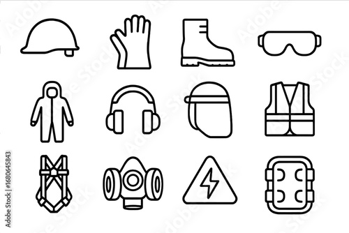 Electrical Safety Icons. Outline icon set of electrical PPE: helmet, insulated gloves, safety boots, safety