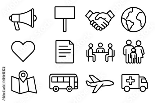 Refugee Advocacy Icons. Outline icon set of refugee advocacy: megaphone, protest sign, handshake, globe, heart