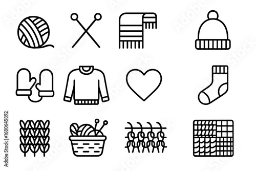 Knitted Gifts Icon Set. Outline icon set of knitted gifts: yarn ball, knitting needles, scarf, hat, mittens,