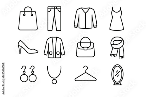 Clothing Icon Set. Outline icon set of clothing haul presentation: shopping bag, jeans, blouse, dress, shoes,