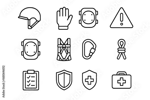 Safety Equipment Icons. Outline icon set of safety equipment for swings: helmet, gloves, knee pads, elbow pads
