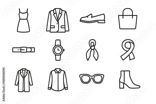 Minimalist Fashion Icons. Outline icon set of minimalist fashion shoot: black dress, blazer, loafers, tote bag