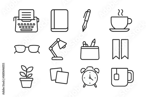 Creative Writing Essentials. Outline icon set of creative writing morning setup: typewriter, notebook,