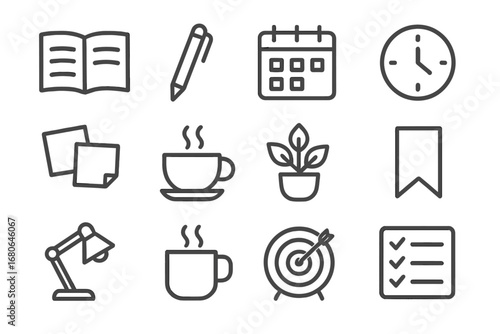 Reflective Planning Icons. Outline icon set of reflection and planning: open journal, pen, calendar, clock,