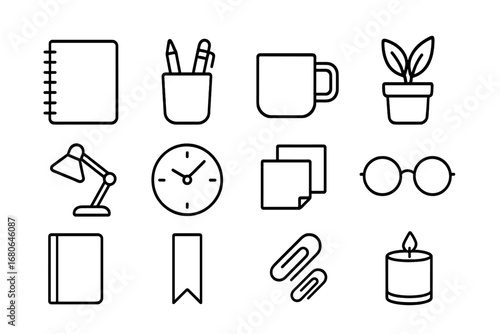 Desk Setup Icons. Outline icon set of aesthetic desk setup: notebook, pen holder, coffee mug, plant, lamp,