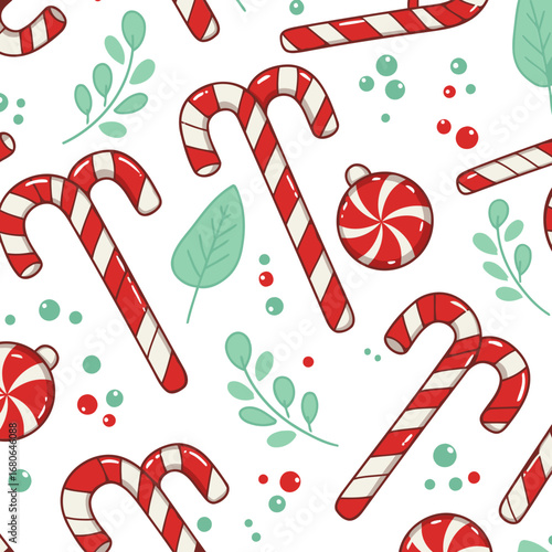Christmas candy cane and ornament seamless pattern design with sprigs and dots. Cute holiday design for various uses. Christmas graphic design for print media -