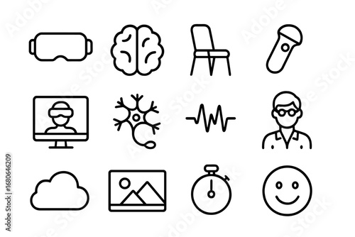 Virtual Therapy Icons. Outline icon set of virtual reality therapy: VR headset, brain, chair, controller,