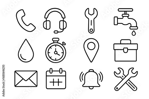 24_7 Plumbing Icons. Outline icon set of 24/7 plumbing hotline: phone, headset, wrench, faucet, water drop,