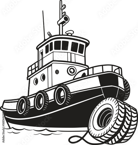 Detailed illustration of a tugboat with thick ropes and large rubber tires secured on a clean white background