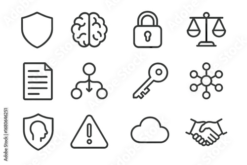 Neuroethics Icon Set. Outline icon set of neuroethics and safety: shield, brain, lock, scales, document, data