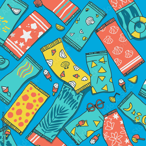 Colorful beach towel pattern with summer accessories on a vibrant blue background.