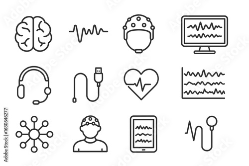 EEG Monitoring Icon Set. Outline icon set of EEG monitoring: brain, wave lines, electrode cap, computer screen