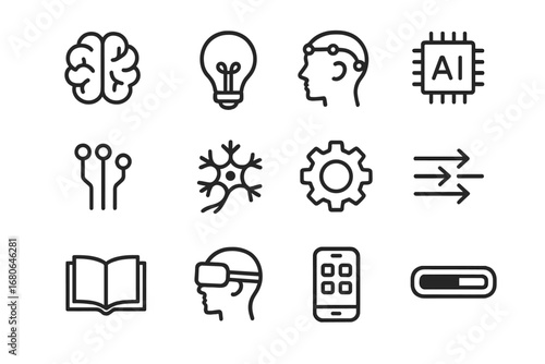 Cognitive Device Icons. Outline icon set of cognitive enhancement devices: brain, light bulb, electrode