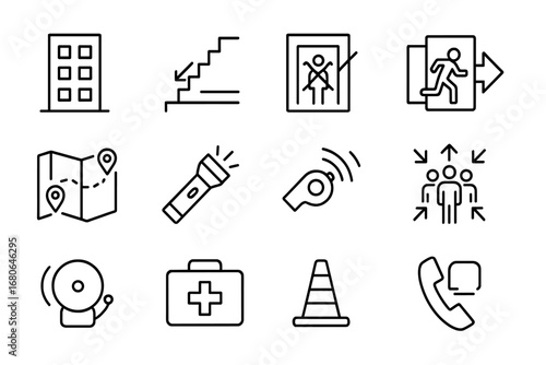 Evacuation Icon Set. Outline icon set of multi-floor building evacuation: high-rise icon, stairs, elevator