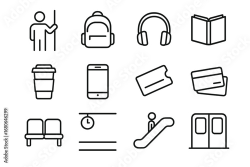 Subway Commute Icons. Outline icon set of commuter life in subway: passenger, backpack, headphones, book,