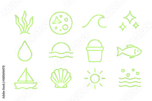 Glowing Algae Icon Set. Outline icon set of glowing algae blooms: seaweed, plankton, wave, sparkle, droplet,