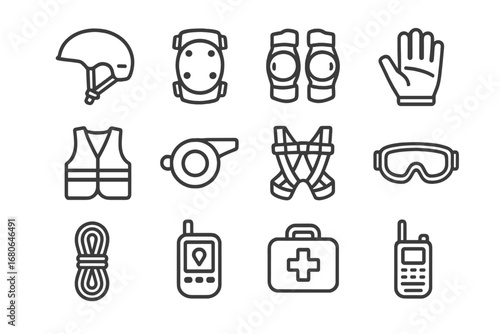 Extreme Sports Safety Icons. Outline icon set of extreme sports safety: helmet, knee pads, elbow pads, gloves,