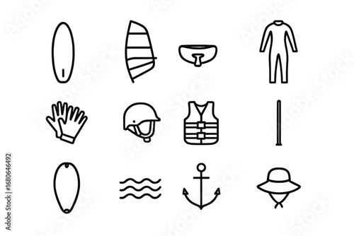 Windsurfing Gear Icons. Outline icon set of windsurfing gear: windsurf board, sail, harness, wetsuit, gloves,