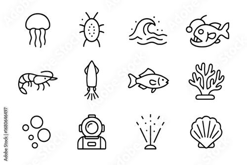 Bioluminescent Marine Icons. Outline icon set of marine bioluminescence: jellyfish, plankton, glowing wave,