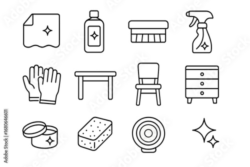 Furniture Polishing Icons. Outline icon set of polishing furniture: polishing cloth, furniture polish bottle,