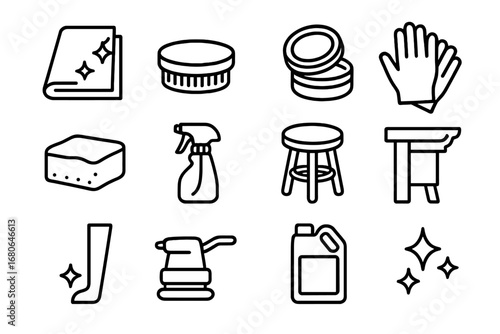 Furniture Polishing Icon Set. Outline icon set of furniture polishing accessories: polishing cloth, brush, wax